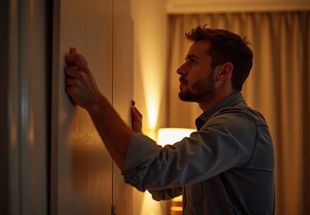Man installing a soundproof acoustic panel on a bedroom wall in the evening