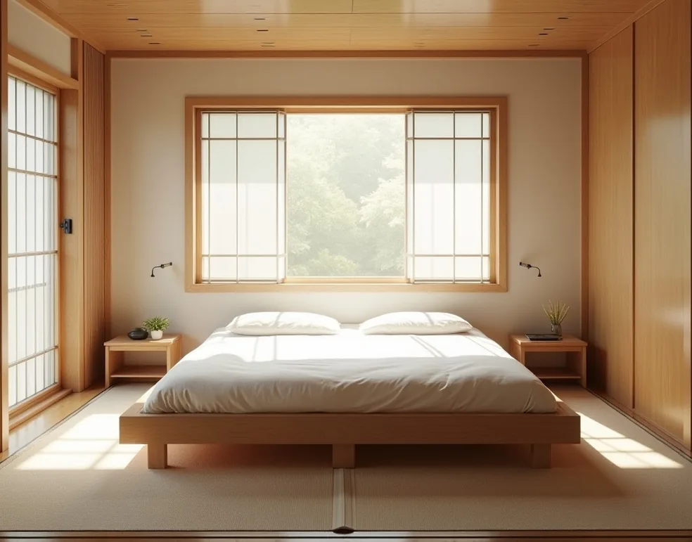 Modern climate-control bed as the centerpiece of a sunlit Japanese-style bedroom with tatami accents