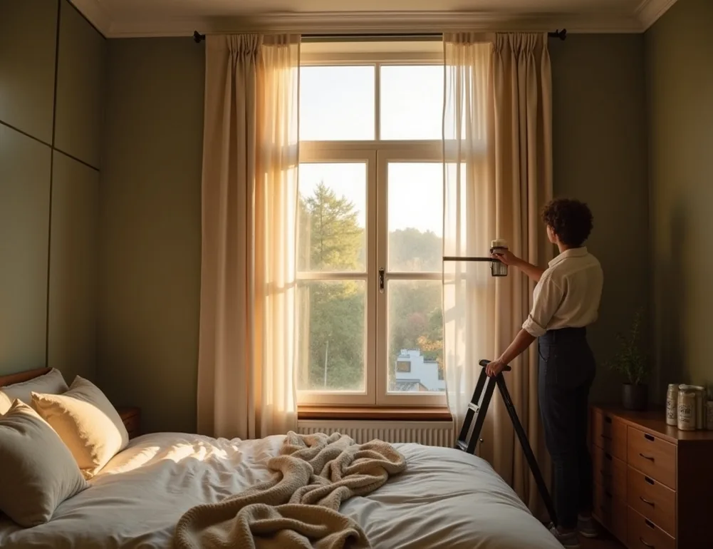 Person mounting acoustic panels around a bedroom window against street noise in late afternoon golden light
