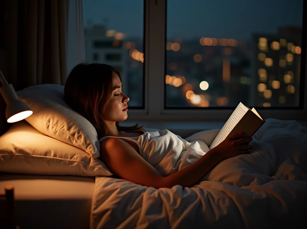 Woman reading in bed at night propped on an adjustable contour pillow with soft warm reading light