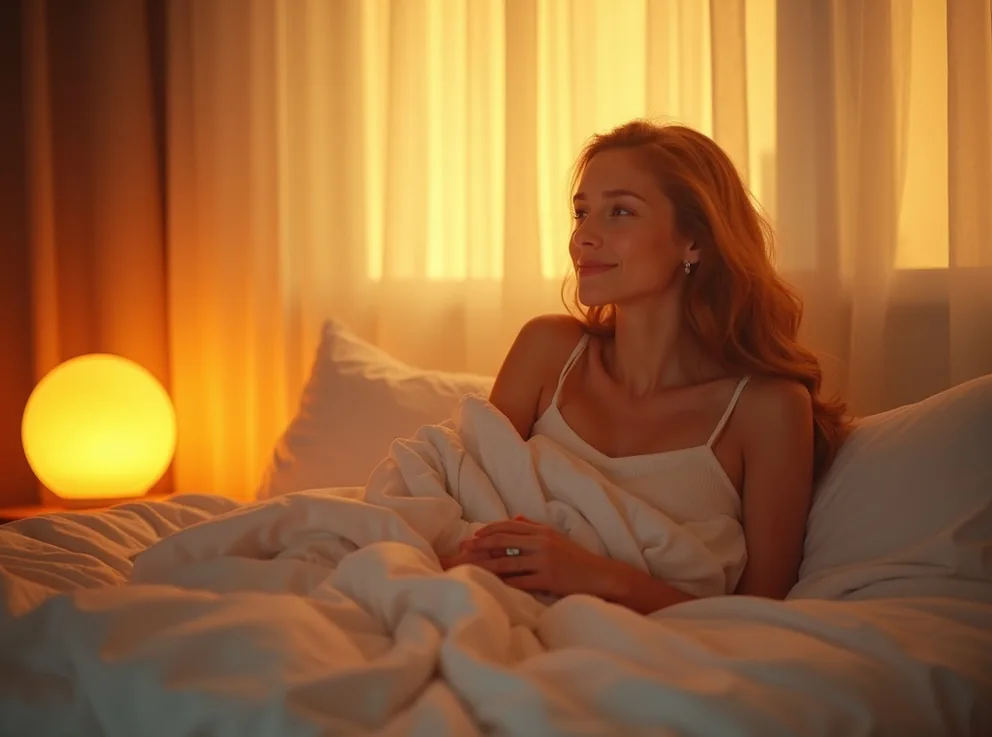 Woman waking gently at dawn in a serene minimalist bedroom with warm amber light from a sunrise simulator