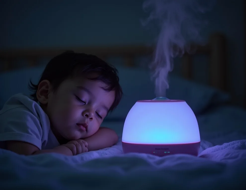 Young child drifting to sleep in a dim nursery with gentle glow from a color-changing night light