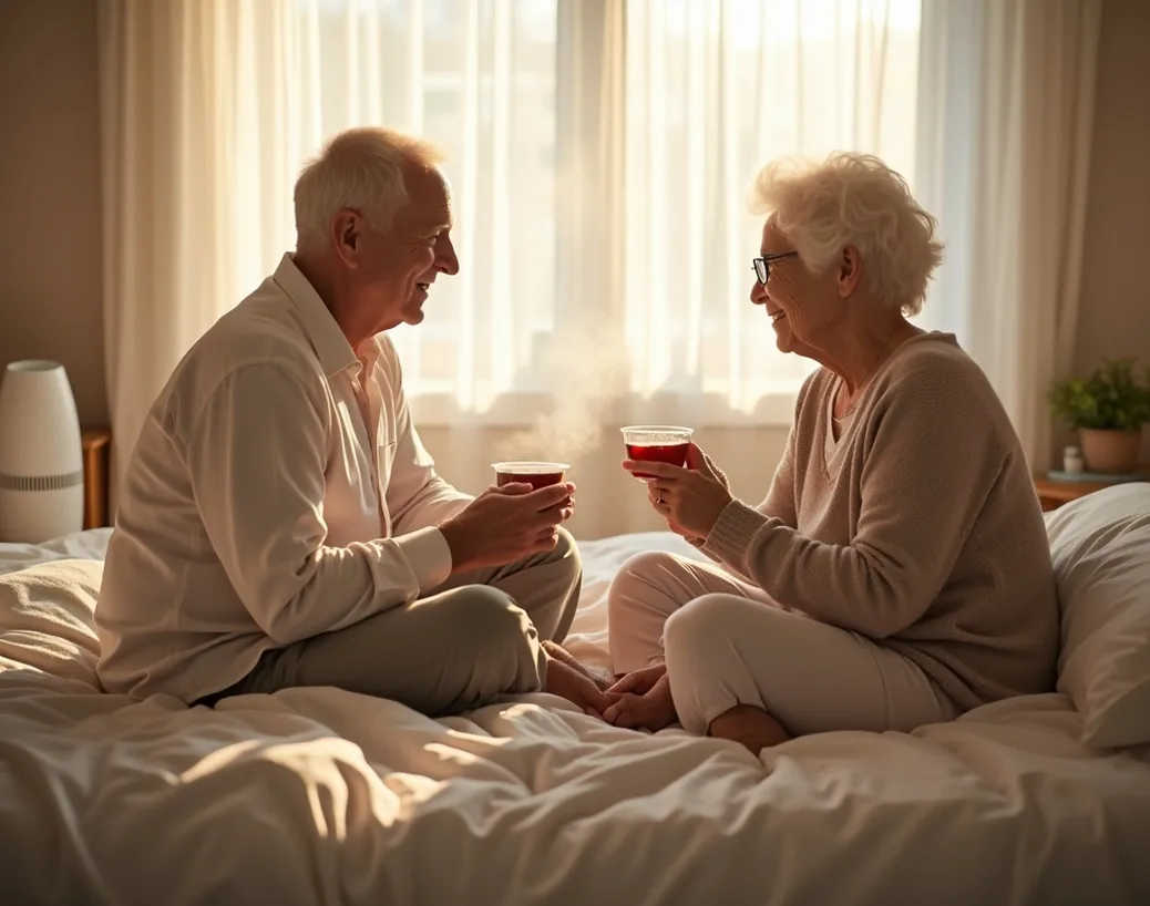 Elderly couple sitting on the edge of a bed in soft morning light one holding a cup of tea