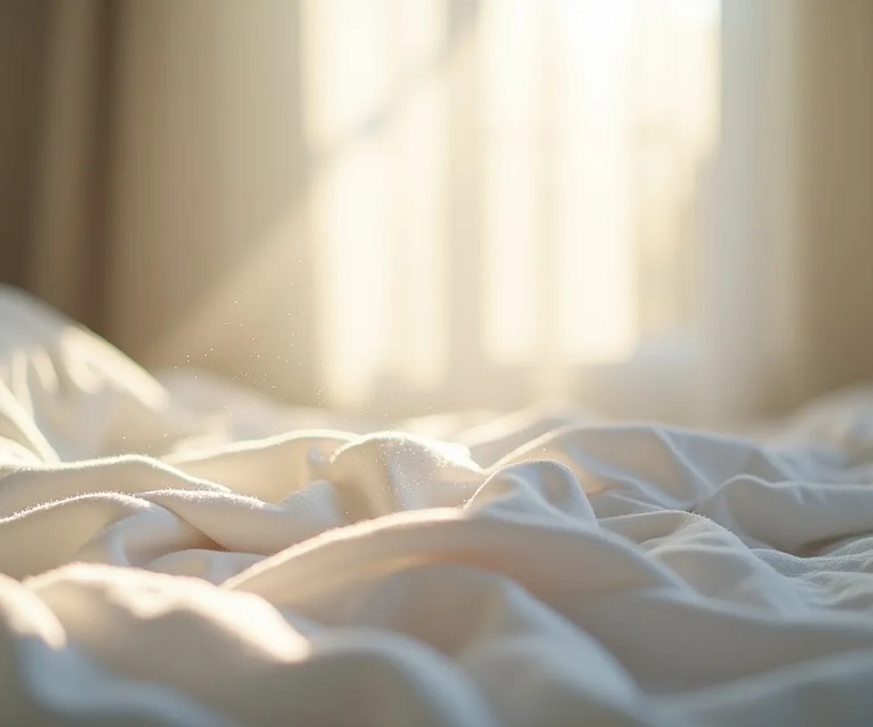 Morning light streaming across rumpled white sheets and a temperature-regulating duvet