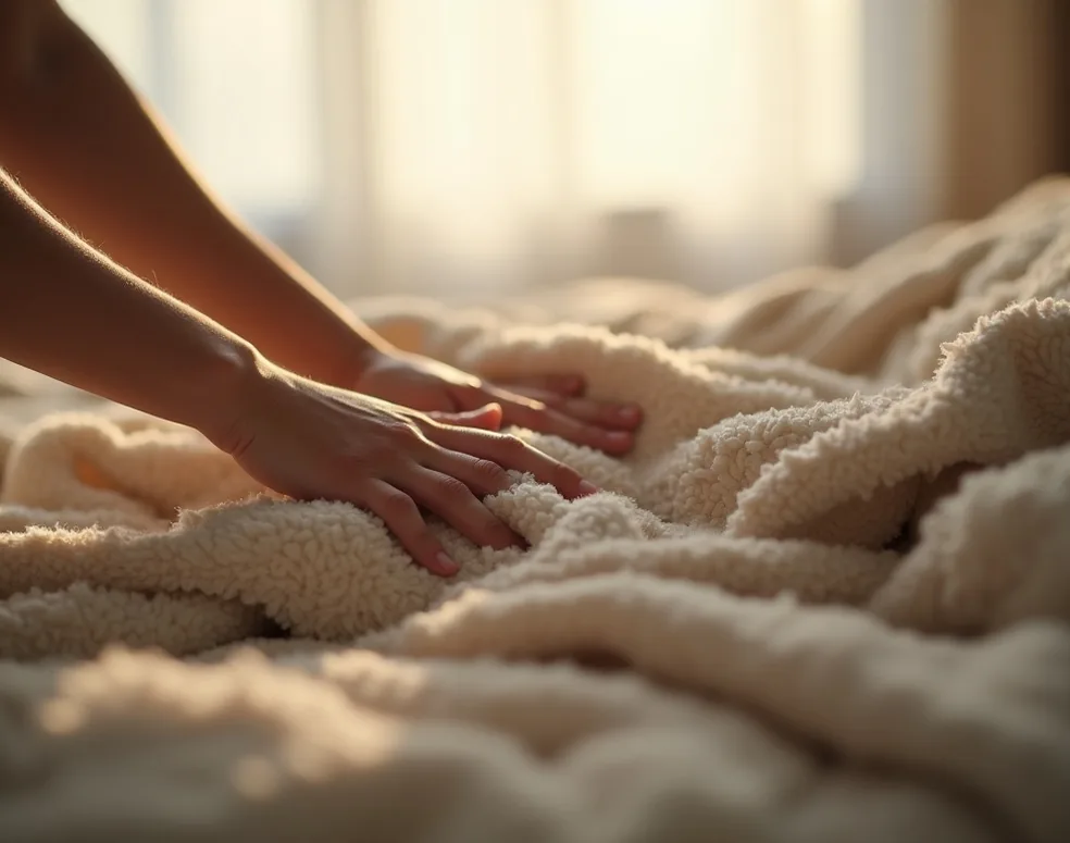 Close-up of two hands smoothing a heavy weighted blanket over a bed in soft afternoon light through sheer curtains