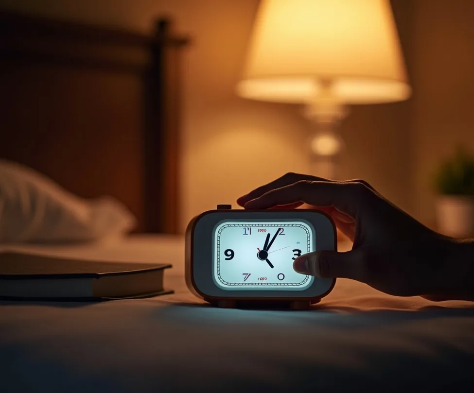 Hand adjusting light alarm clock on a bedside table at twilight