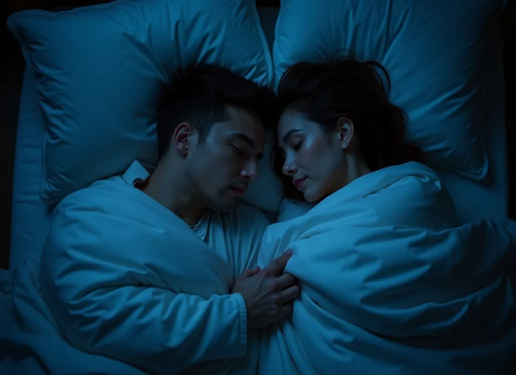 Couple sleeping peacefully under a temperature-regulating duvet in dim blue pre-dawn light