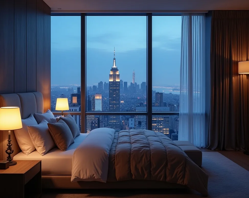 Peaceful high-rise bedroom at blue hour with city skyline through the window and a neatly made bed