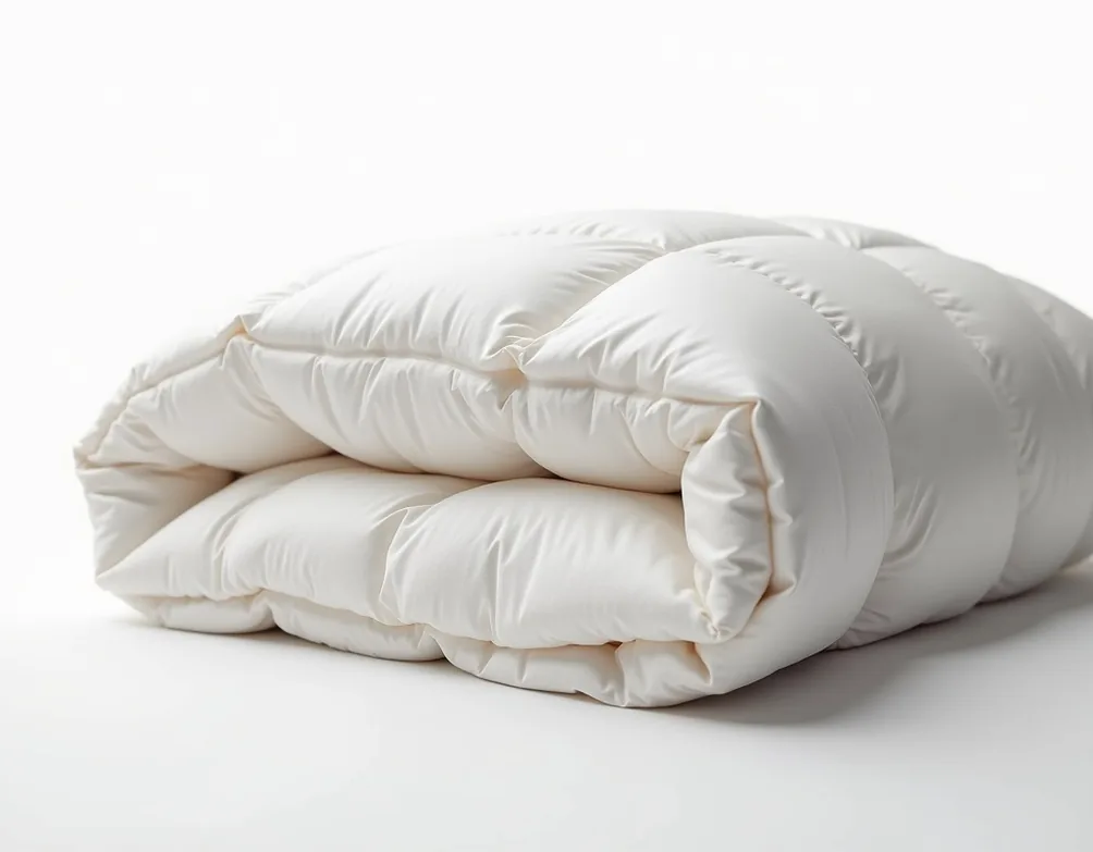 Temperature-regulating duvet cross-section with corner peeled back showing inner layers