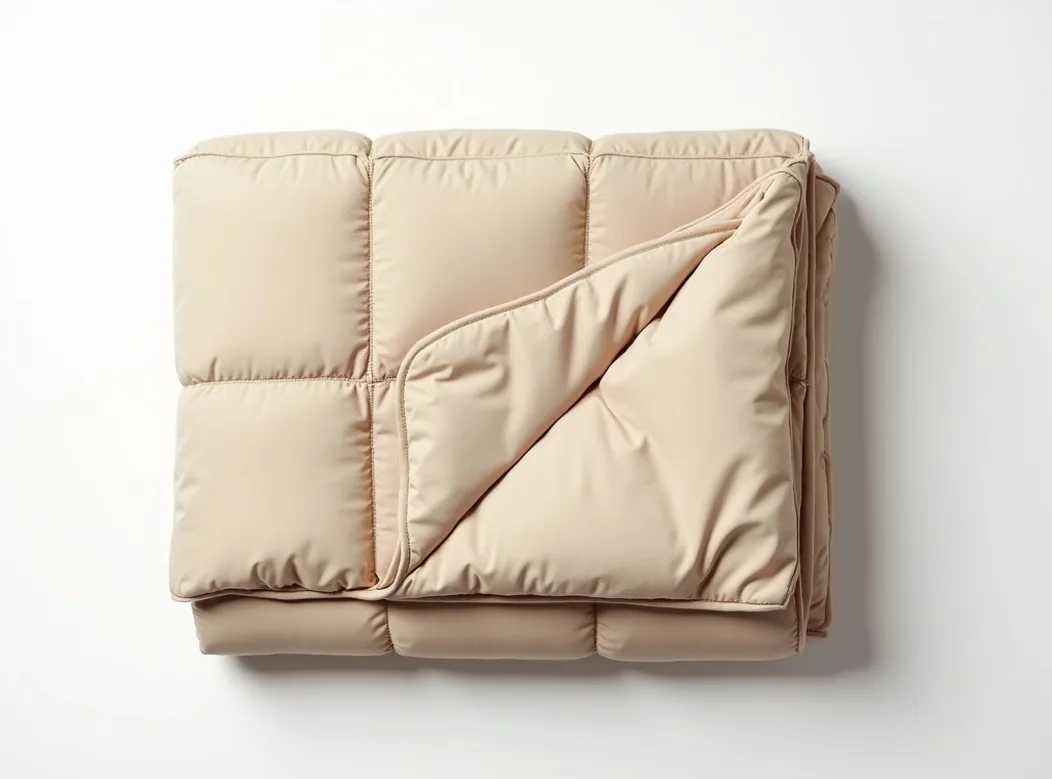 Folded weighted blanket in warm oatmeal organic cotton with quilted grid pattern