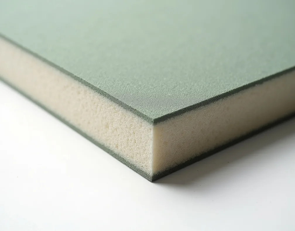 Acoustic soundproof panel corner with textured linen surface in muted sage tone